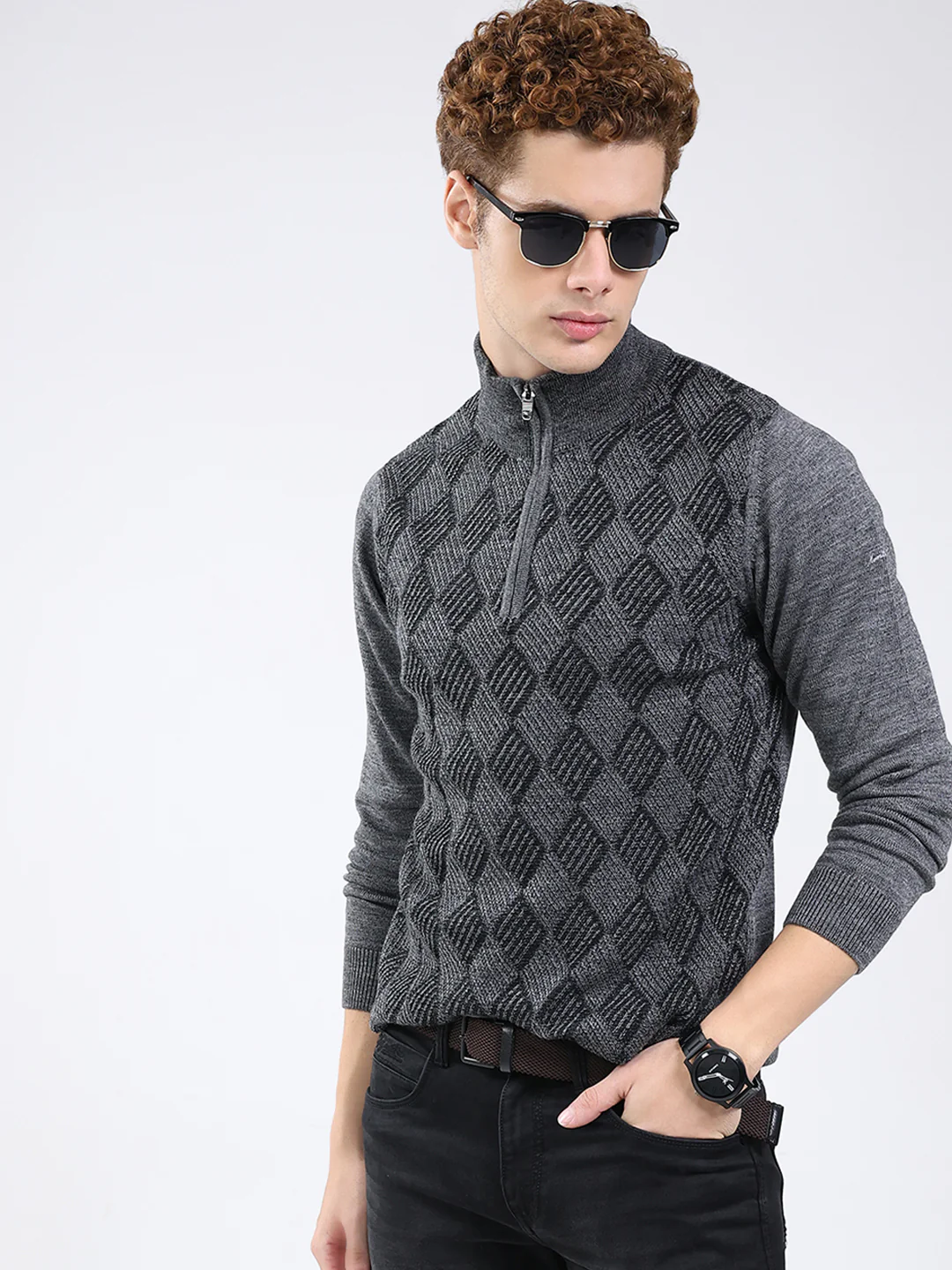 Men Grey Self Design Mock Neck Full Sleeve Pullover - Image 6