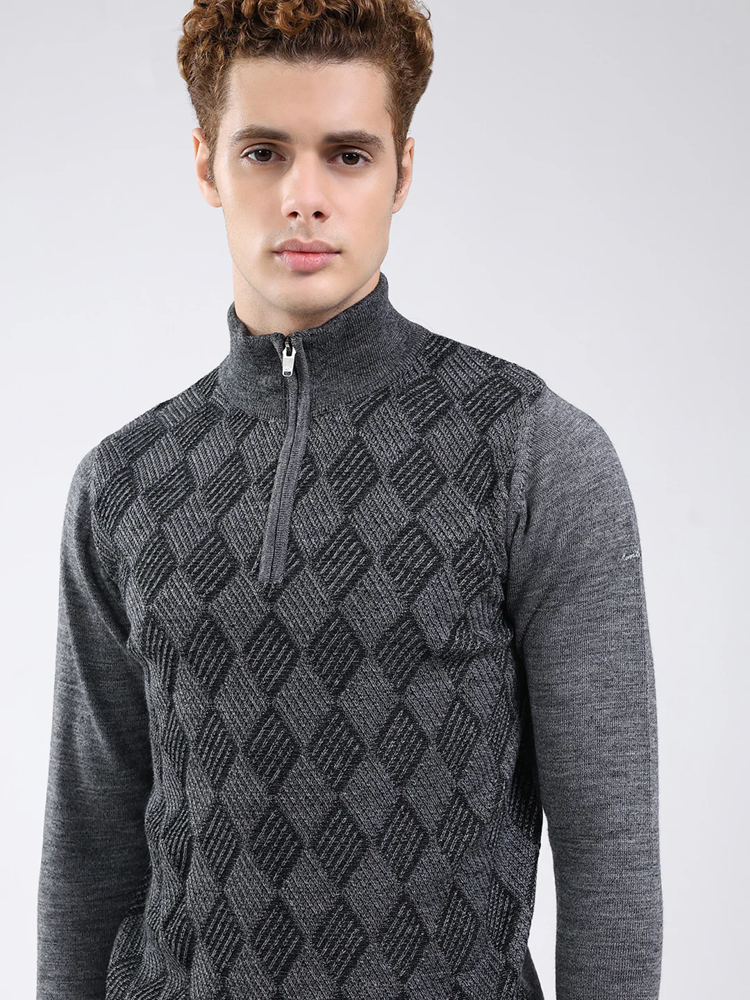 Men Grey Self Design Mock Neck Full Sleeve Pullover - Image 7