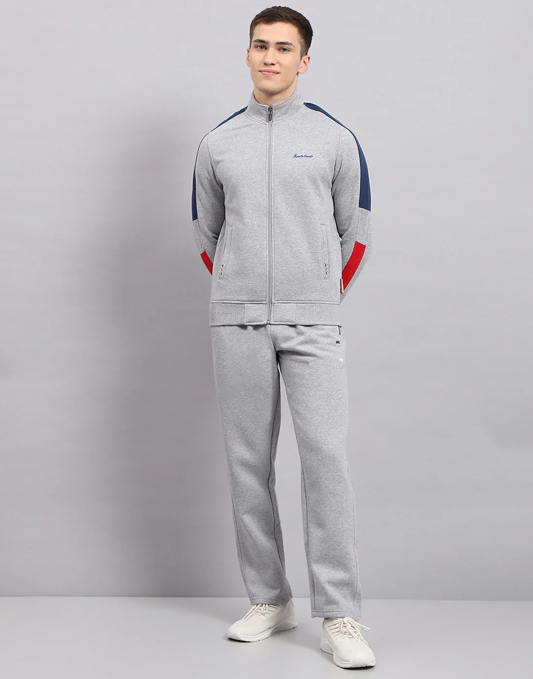Men Grey Self Design Mock Neck Full Sleeve Winter Tracksuit - Image 2