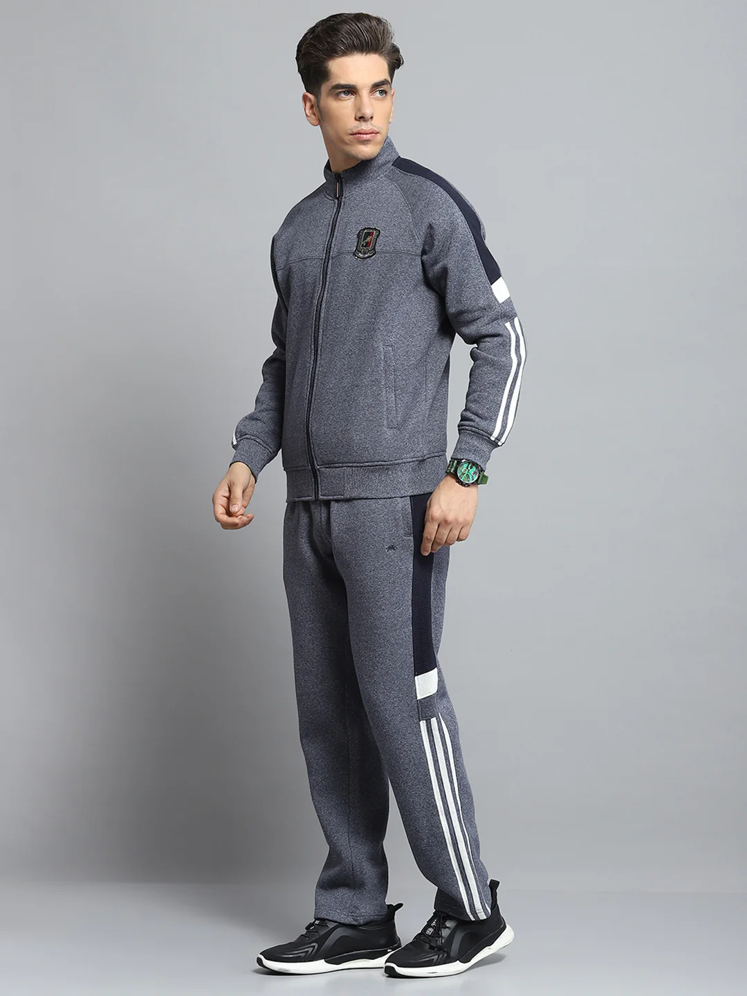 Men Grey Self Design Mock Neck Full Sleeve Winter Tracksuit - Image 3