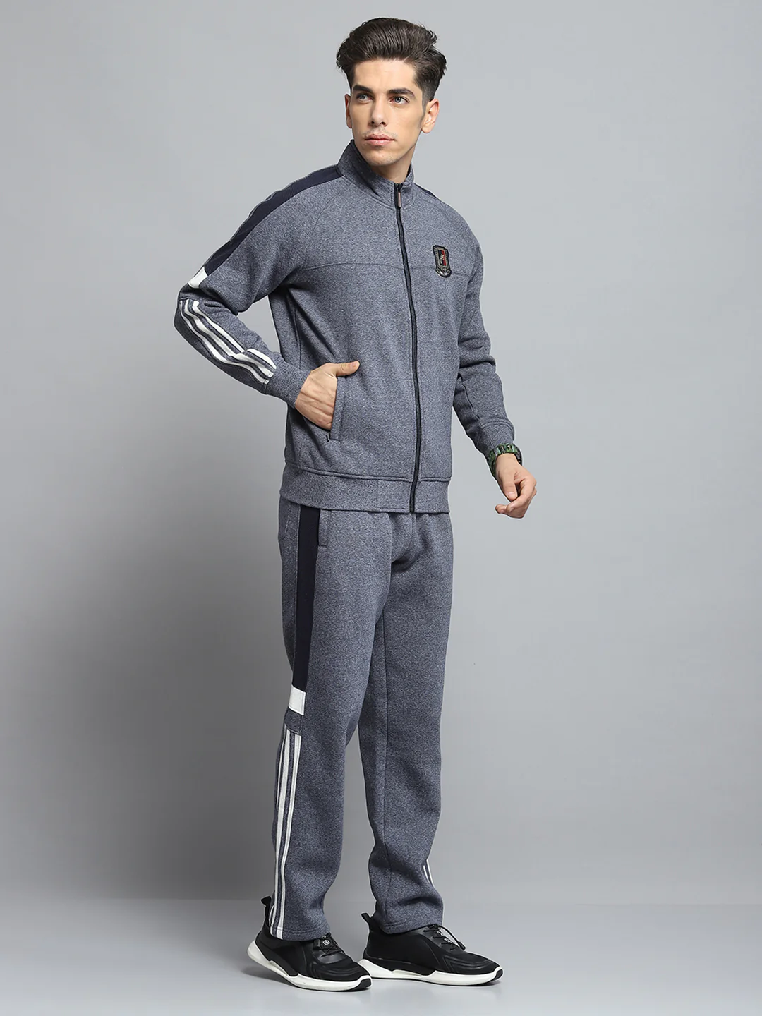 Men Grey Self Design Mock Neck Full Sleeve Winter Tracksuit - Image 4
