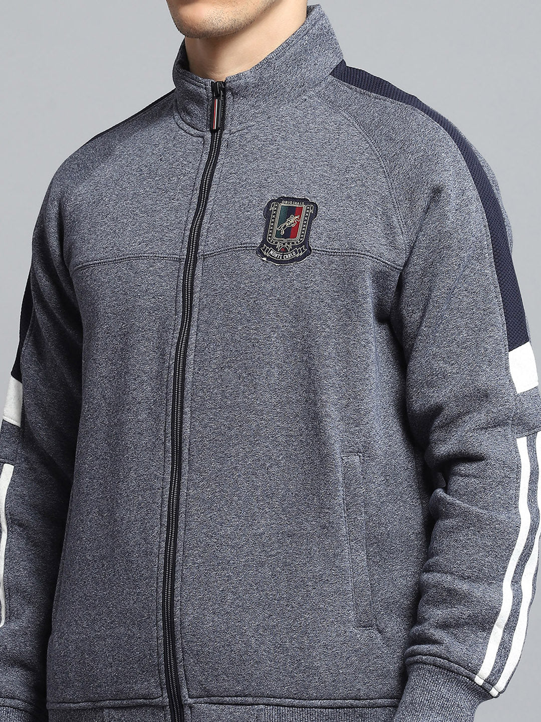 Men Grey Self Design Mock Neck Full Sleeve Winter Tracksuit - Image 7