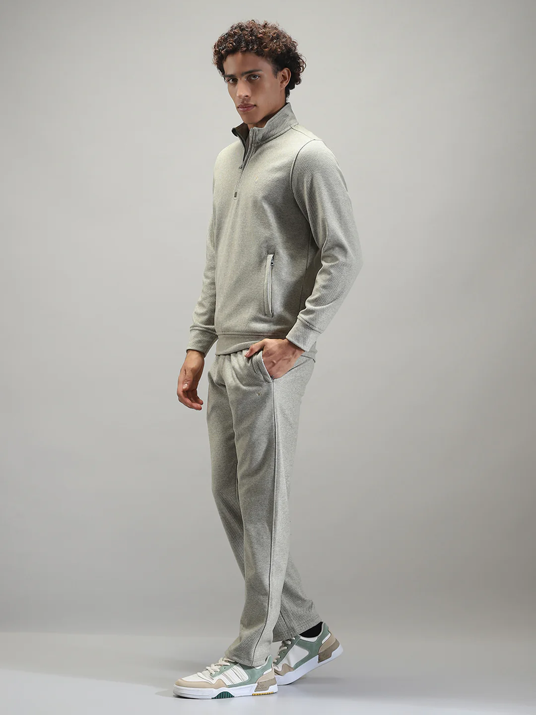 Men Grey Self Design Mock Neck Full Sleeve Winter Tracksuit - Image 3