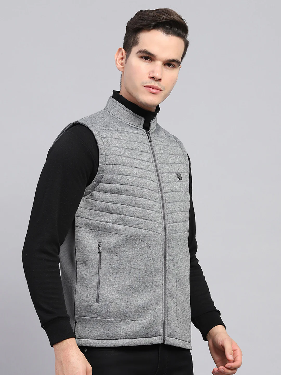 Men Grey Self Design Mock Neck Sleeveless Jacket - Image 4