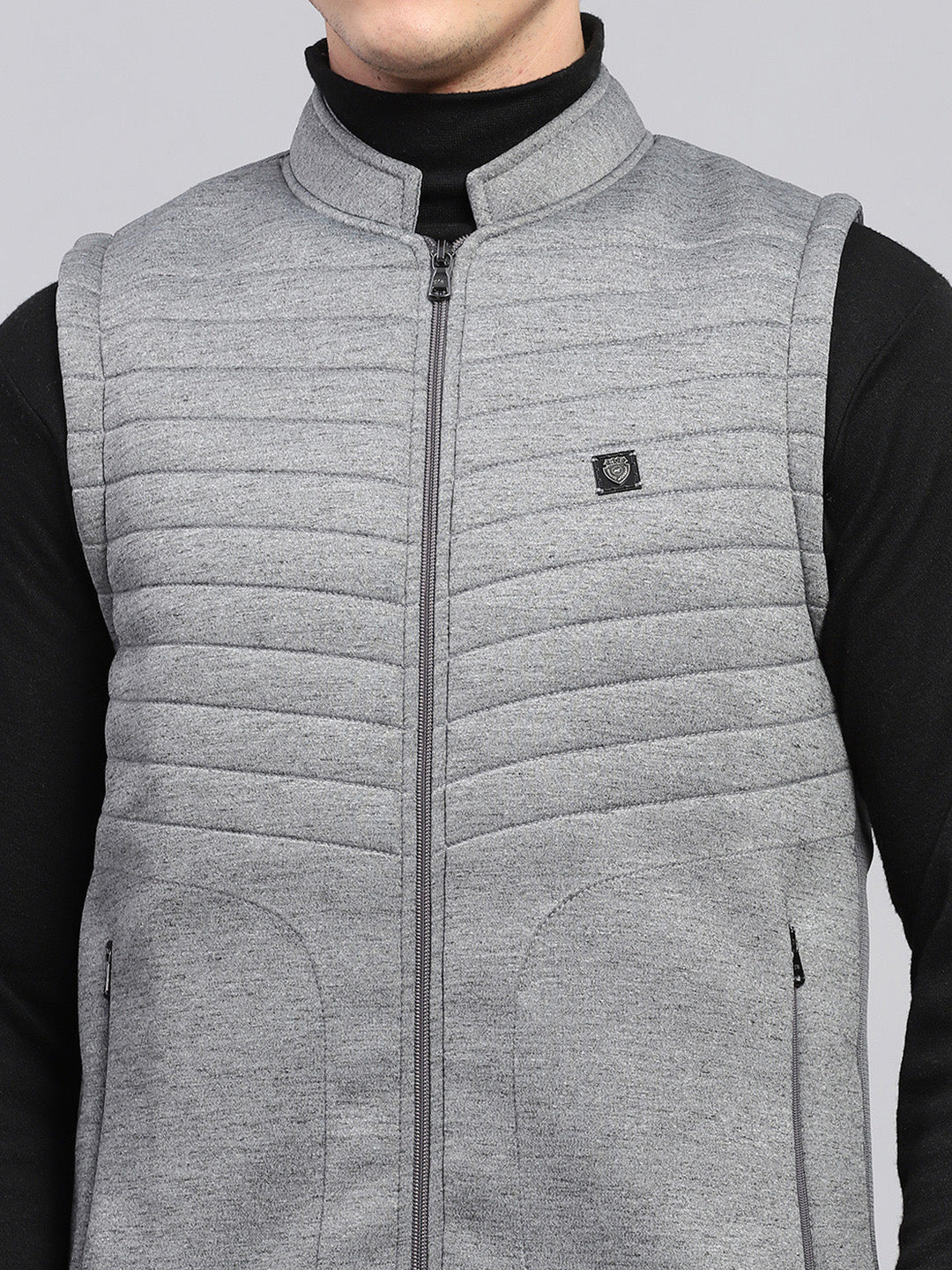 Men Grey Self Design Mock Neck Sleeveless Jacket - Image 6