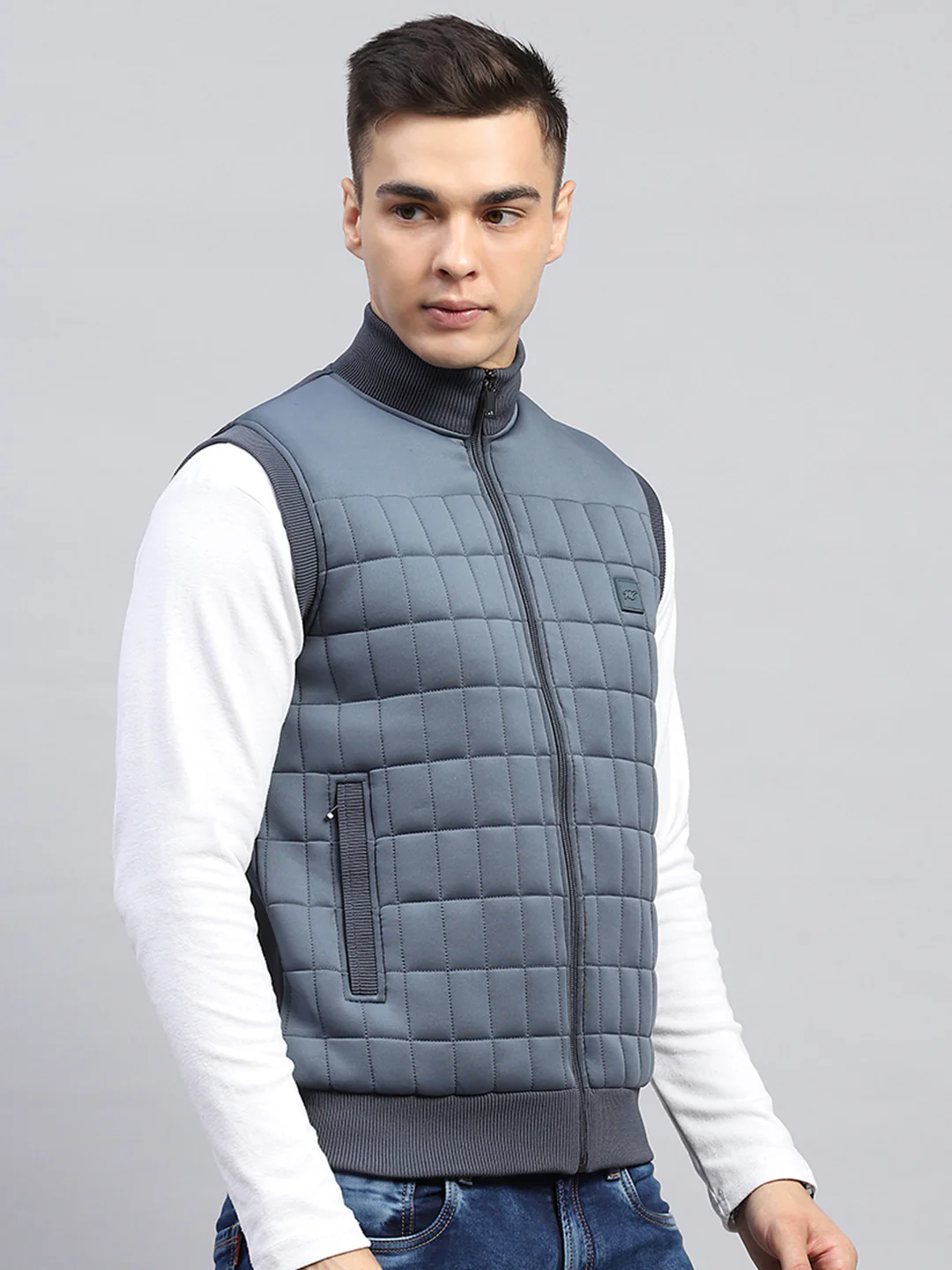 Men Grey Self Design Mock Neck Sleeveless Jacket - Image 4