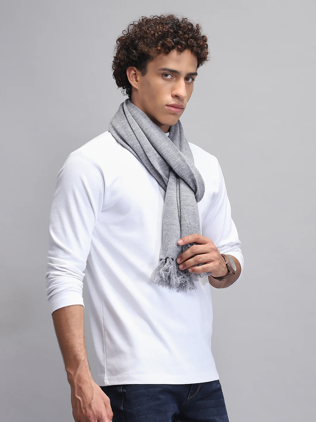 Men Grey Self Design Muffler - Image 4