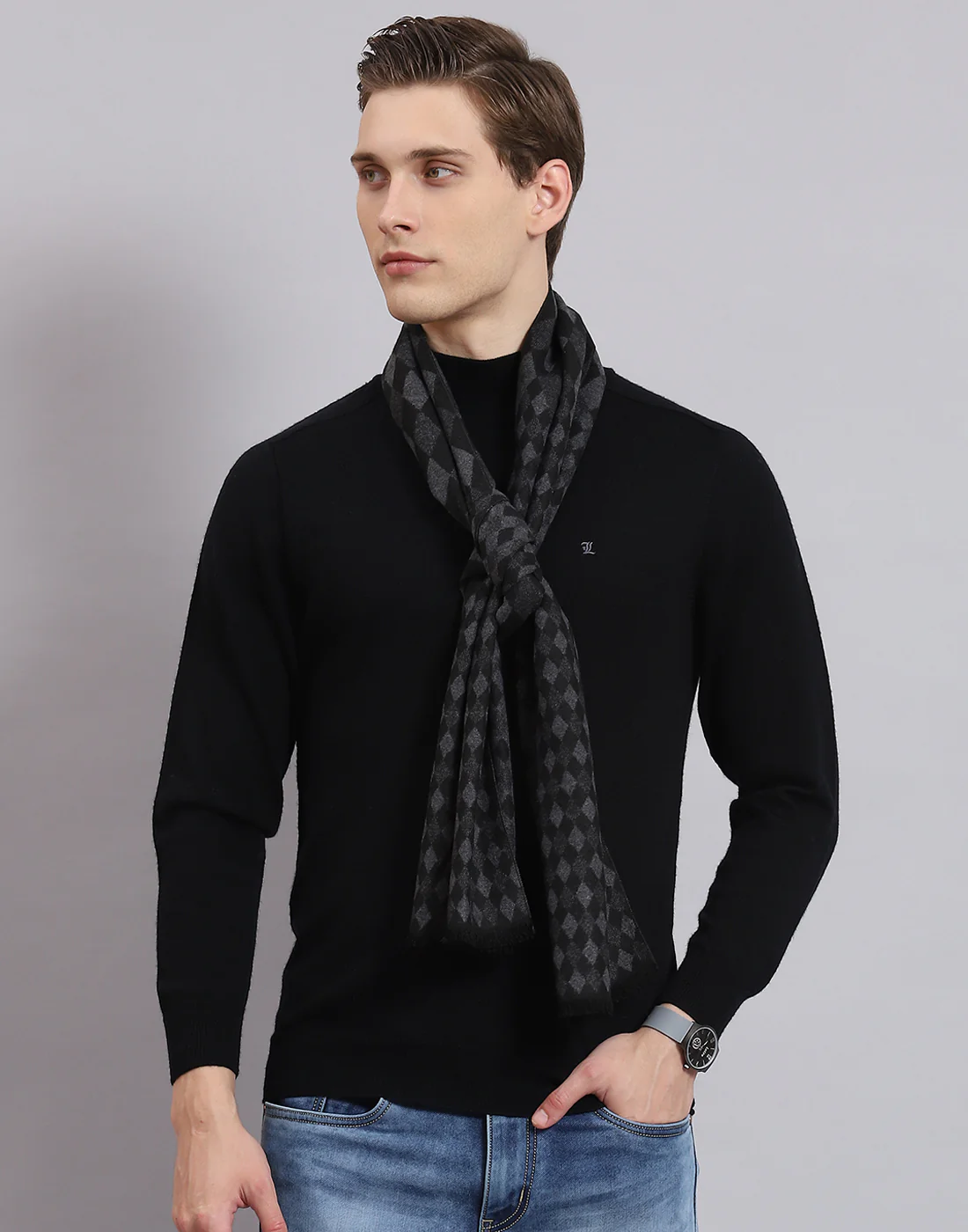 Men Grey Self Design Muffler - Image 2