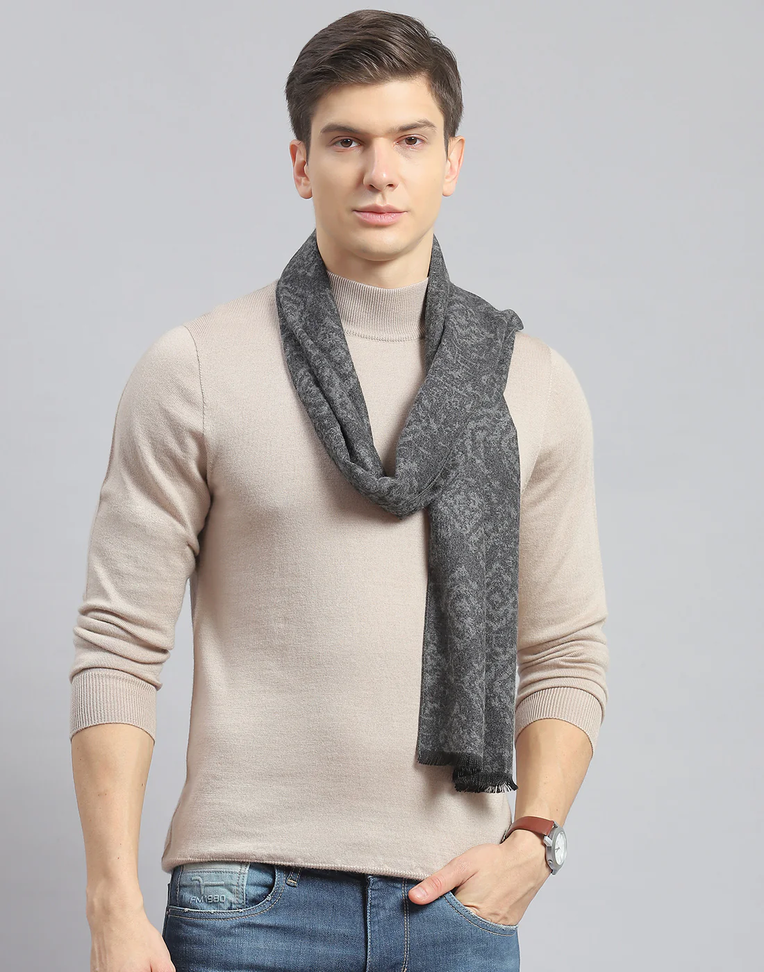 Men Grey Self Design Muffler - Image 2