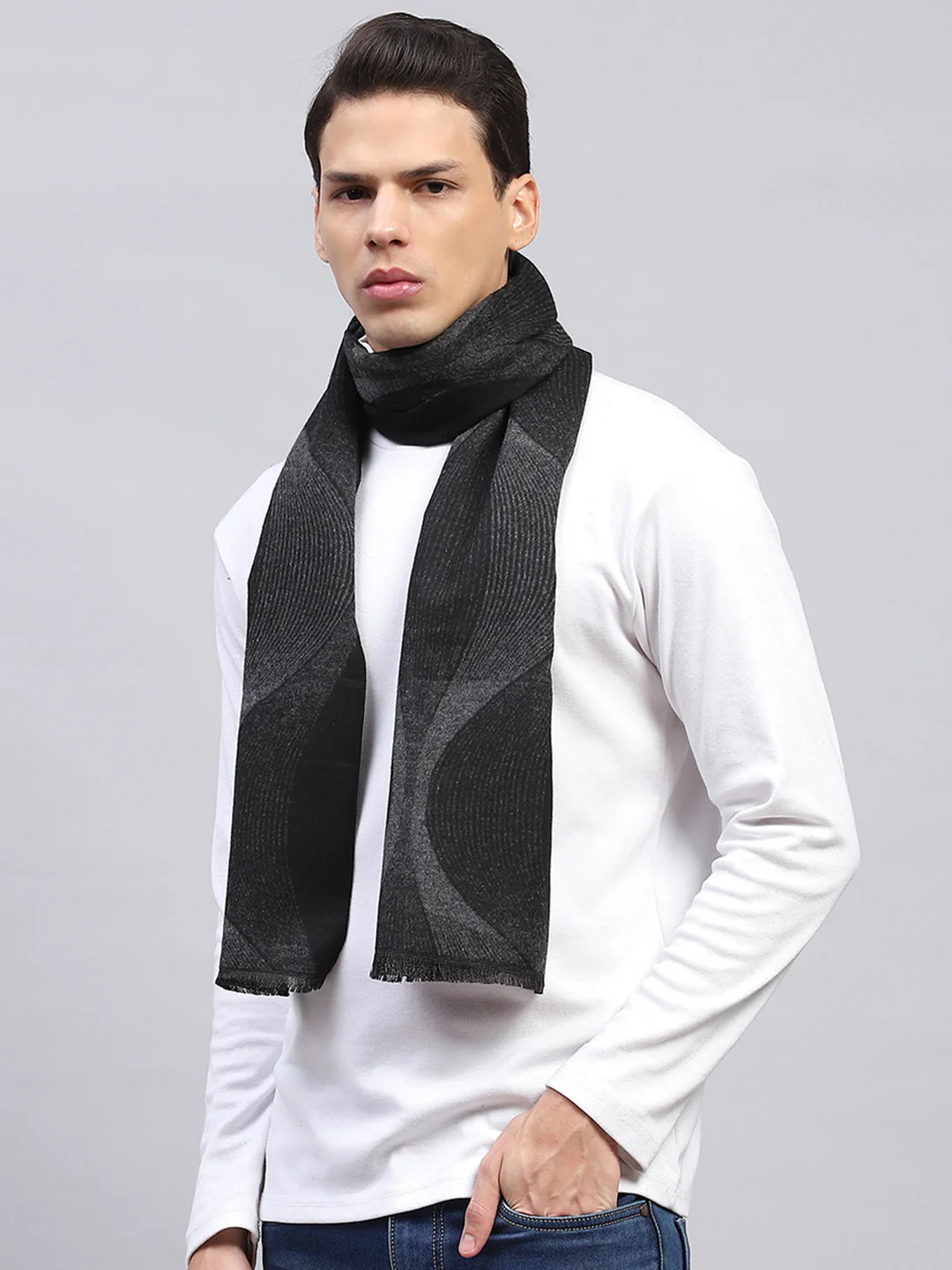 Men Grey Self Design Muffler - Image 3