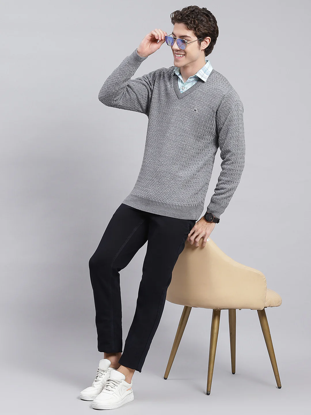 Men Grey Self Design Pure wool Pullover - Image 5
