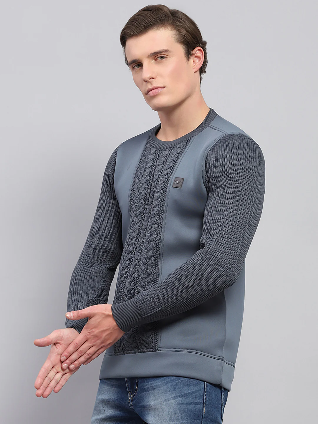 Men Grey Self Design Round Neck Full Sleeve Pullover - Image 3