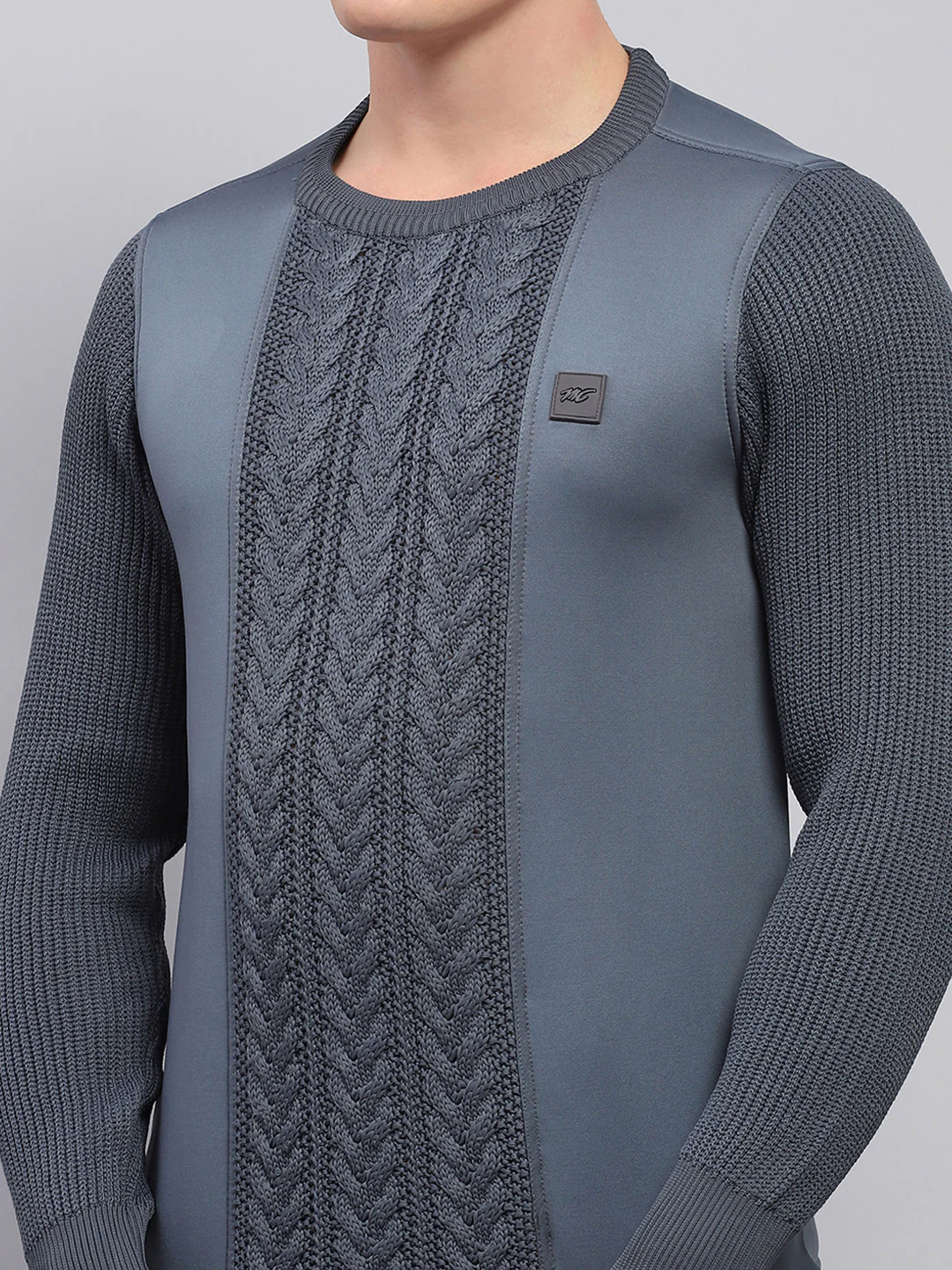 Men Grey Self Design Round Neck Full Sleeve Pullover - Image 6