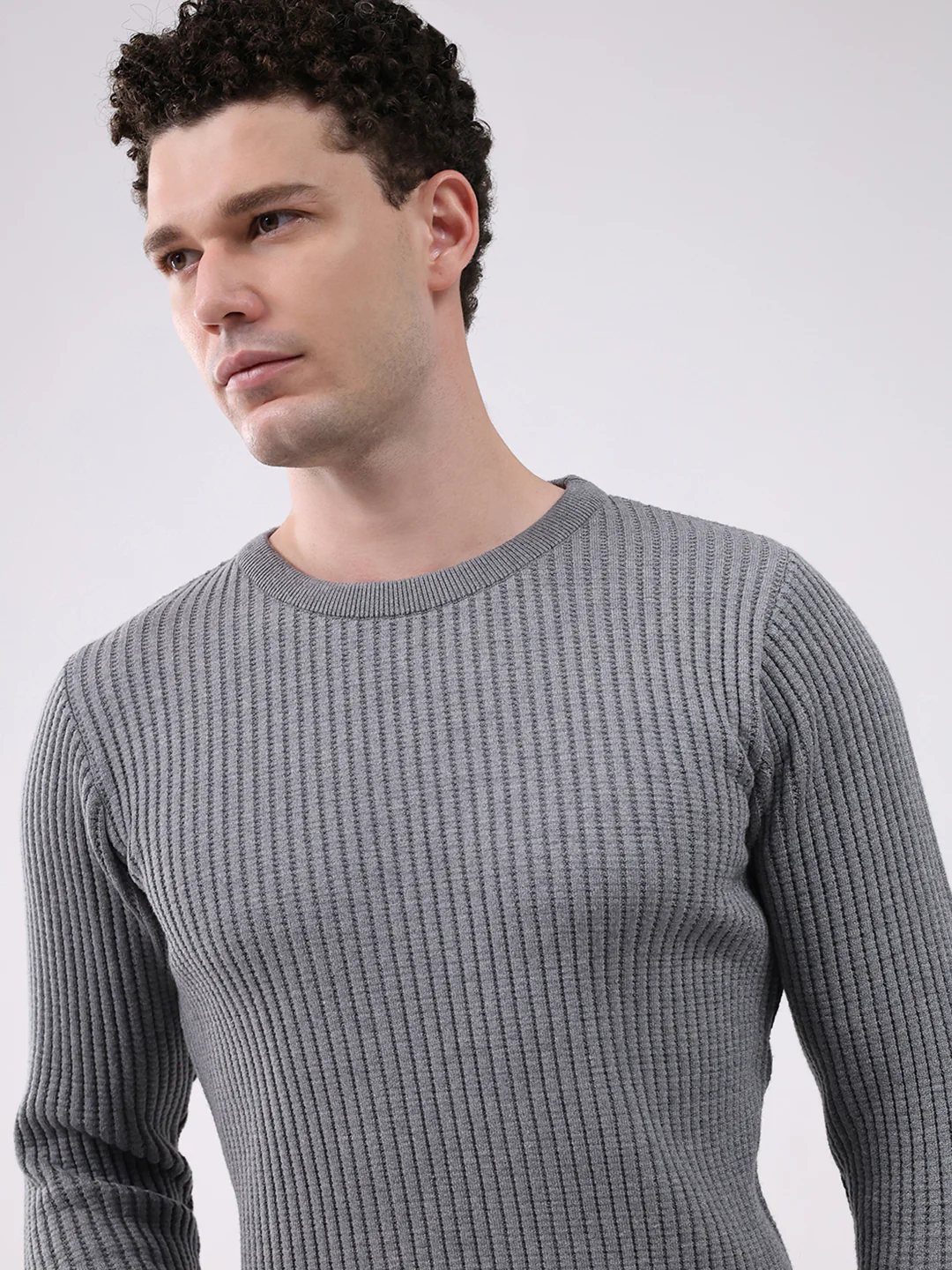 Men Grey Self Design Round Neck Full Sleeve Pullover - Image 7