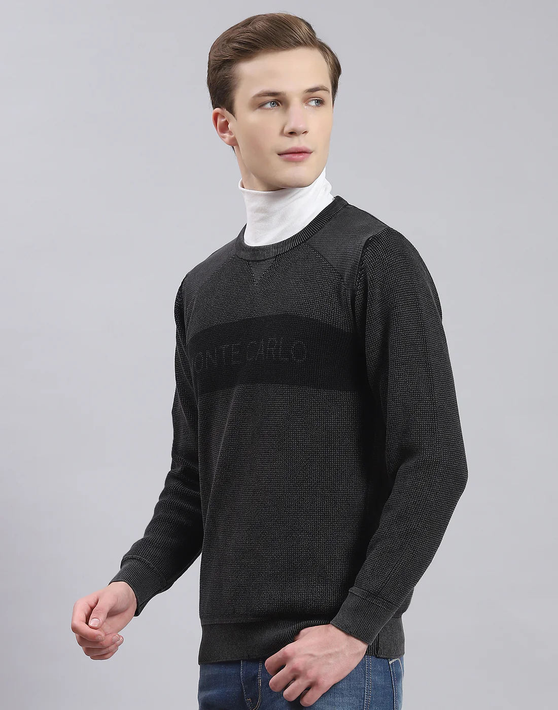 Men Grey Self Design Round Neck Full Sleeve Sweater - Image 4