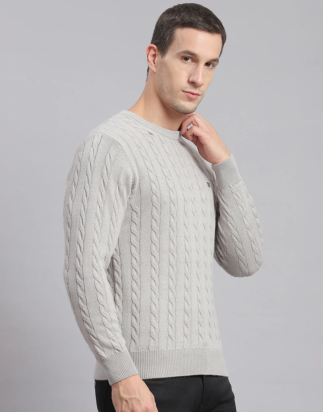 Men Grey Self Design Round Neck Full Sleeve Sweater - Image 4