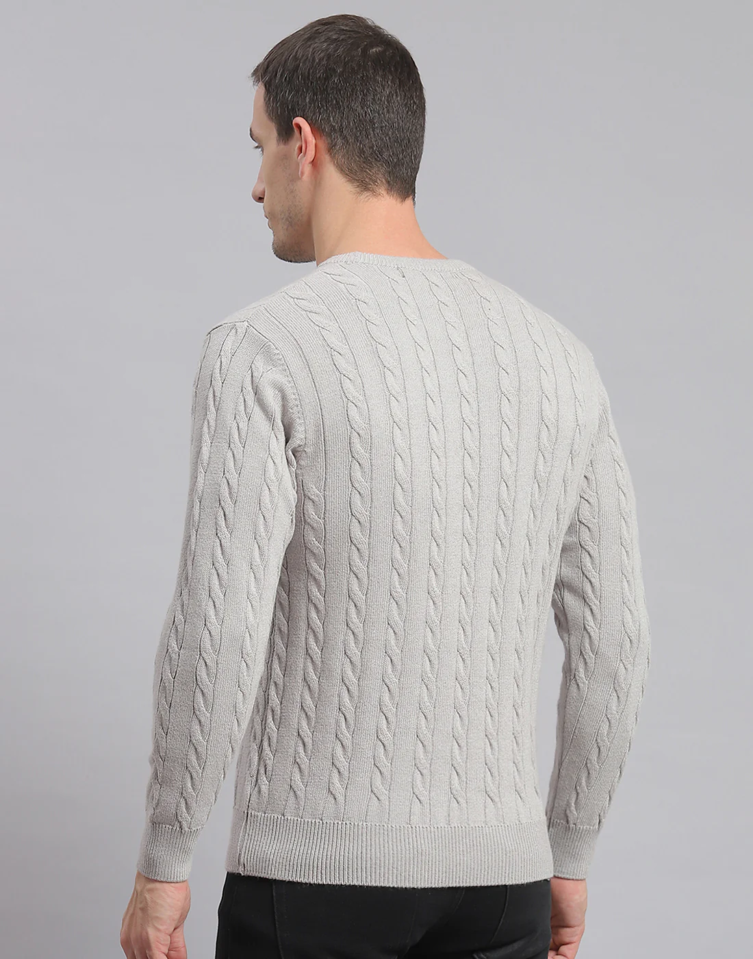 Men Grey Self Design Round Neck Full Sleeve Sweater - Image 6