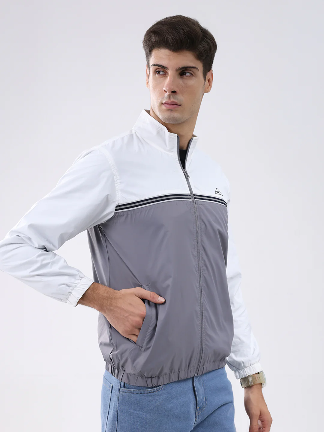 Men Grey Self Design Stand Collar Full Sleeve Jacket - Image 4