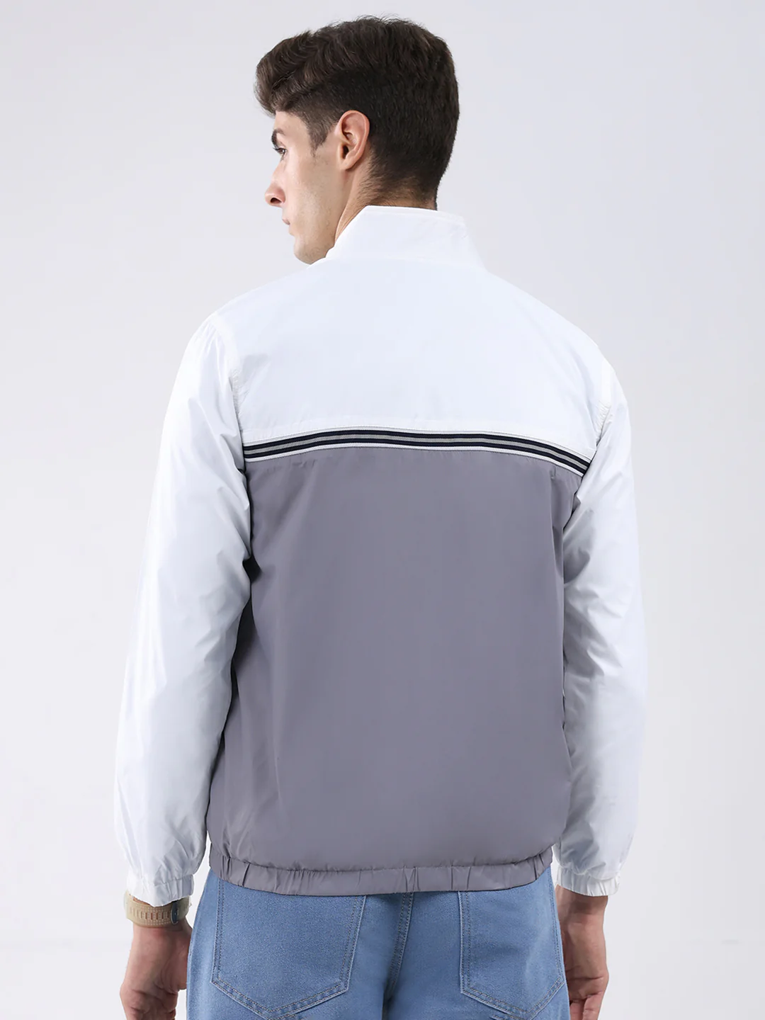 Men Grey Self Design Stand Collar Full Sleeve Jacket - Image 5