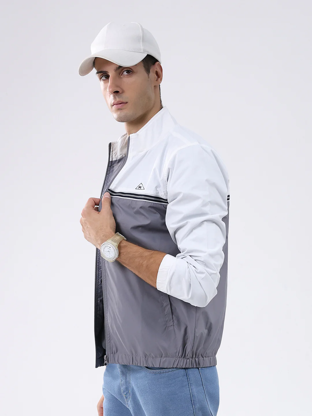Men Grey Self Design Stand Collar Full Sleeve Jacket - Image 6