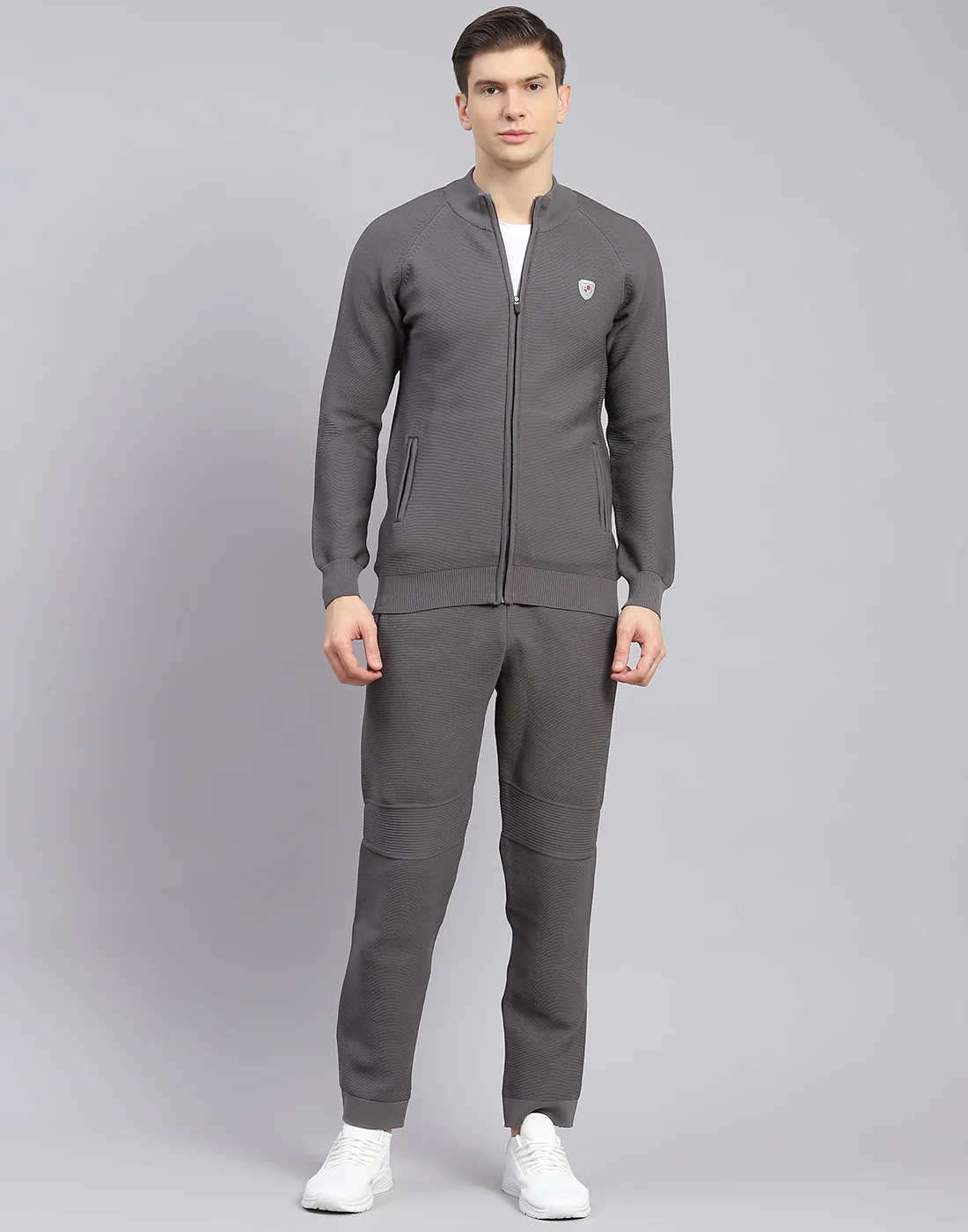 Men Grey Self Design Stand Collar Full Sleeve Tracksuit - Image 2