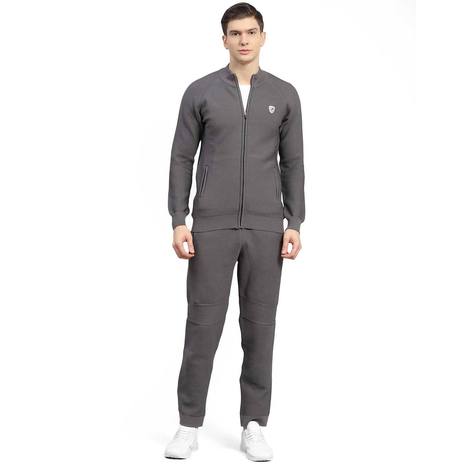Men Grey Self Design Stand Collar Full Sleeve Tracksuit - Image 5