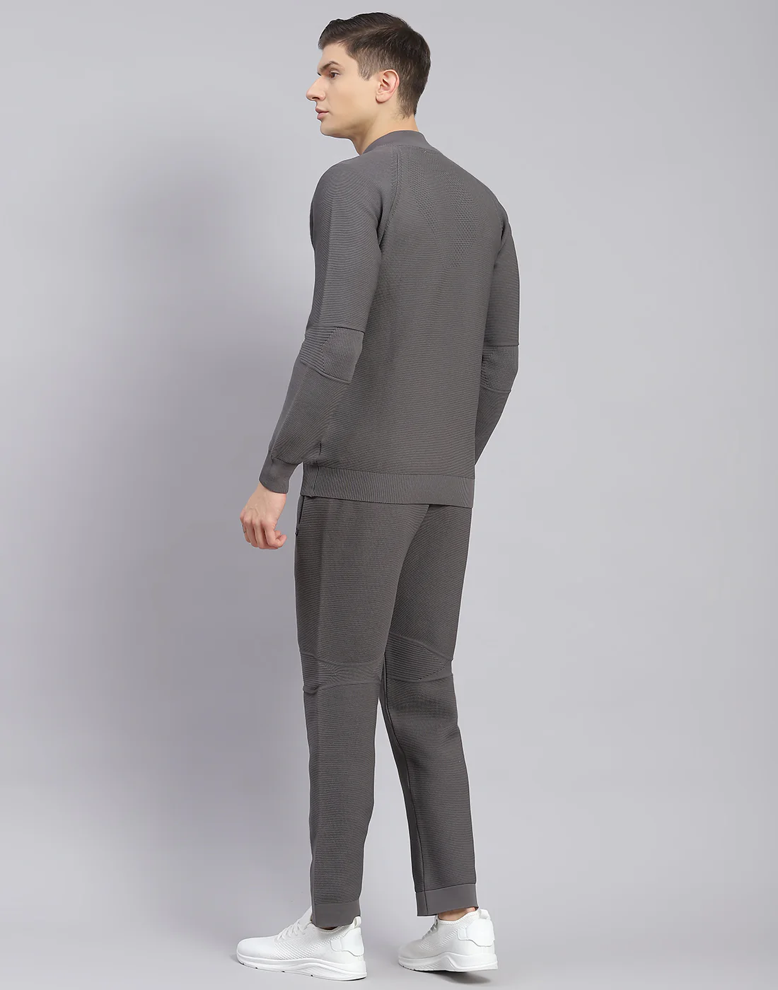 Men Grey Self Design Stand Collar Full Sleeve Tracksuit - Image 6