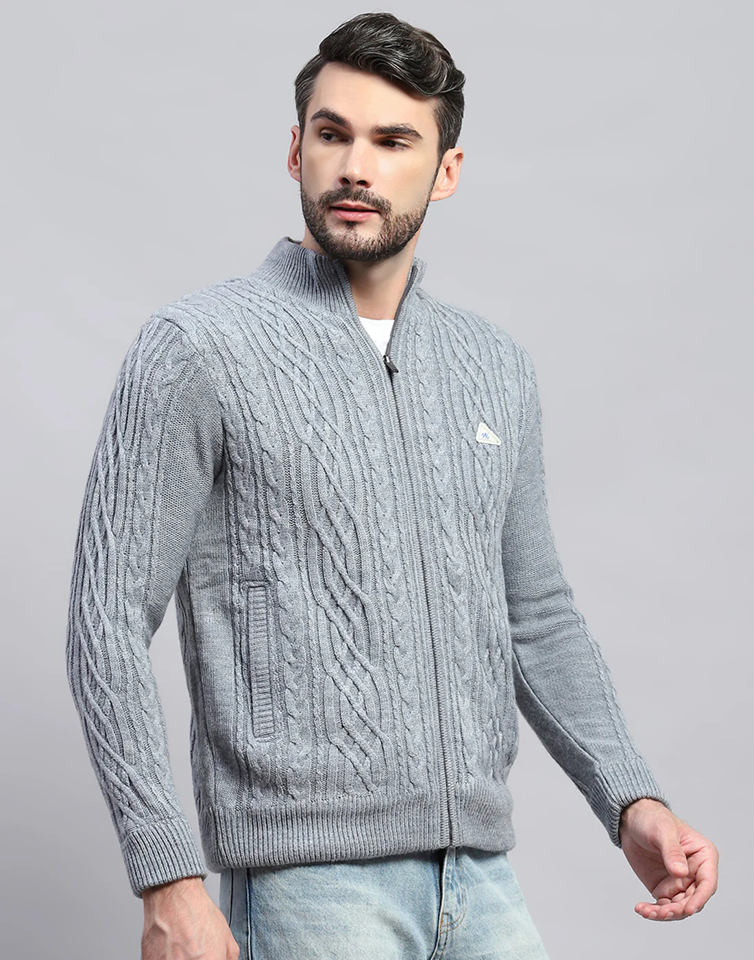 Men Grey Self Design Turtle Neck Full Sleeve Jacket - Image 4