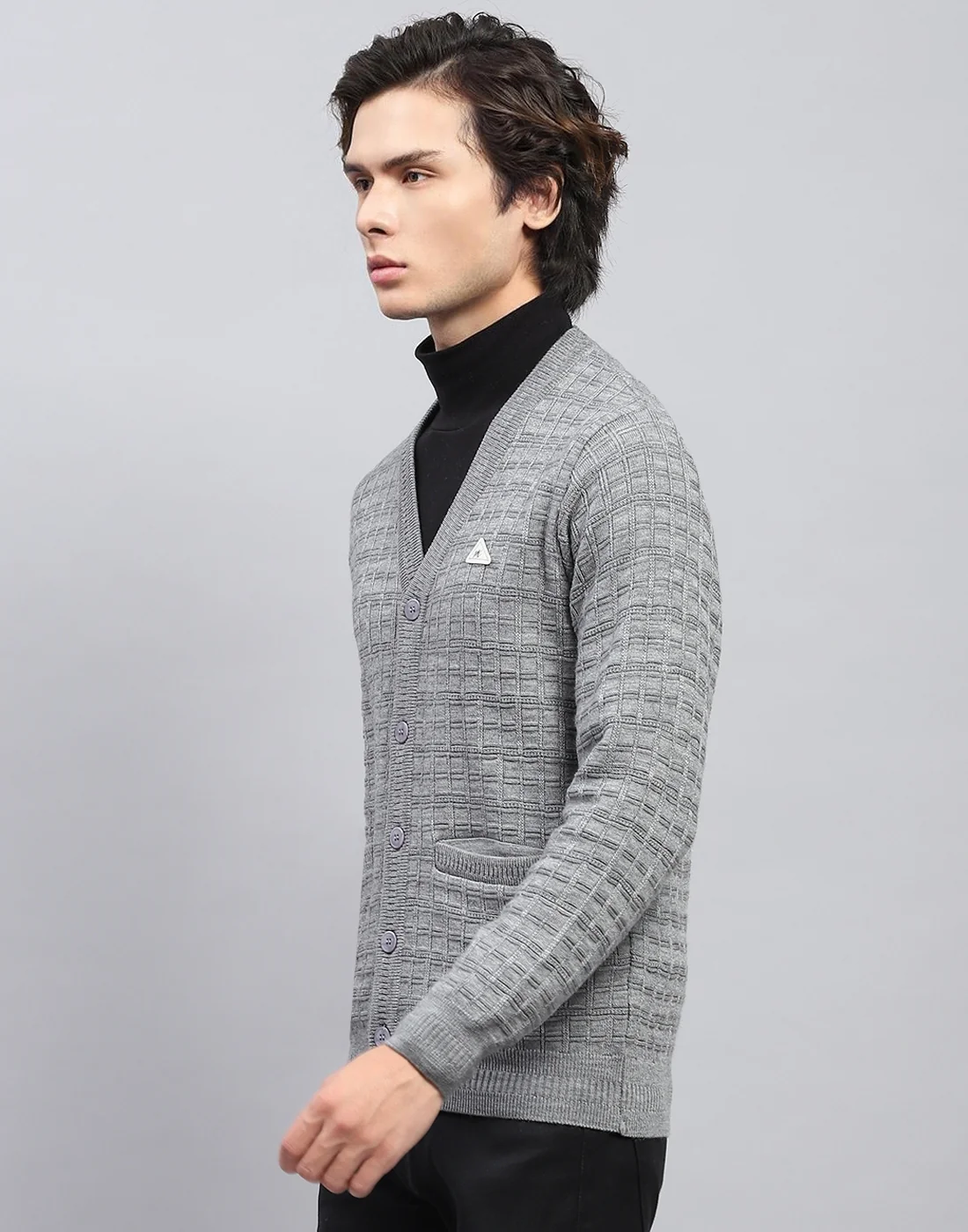 Men Grey Self Design V Neck Full Sleeve Cardigan - Image 3