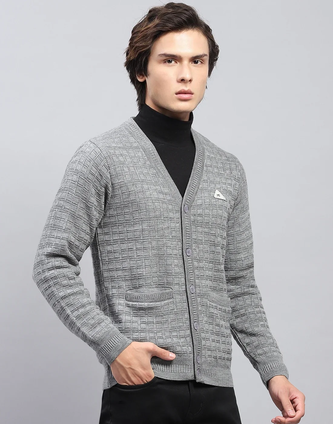Men Grey Self Design V Neck Full Sleeve Cardigan - Image 4