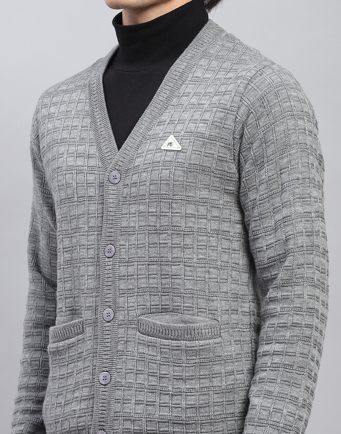 Men Grey Self Design V Neck Full Sleeve Cardigan - Image 6