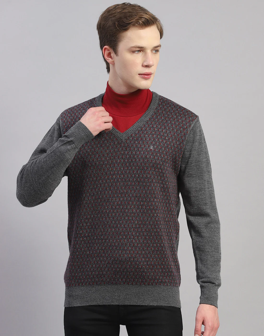 Men Grey Self Design V Neck Full Sleeve Pullover - Image 2