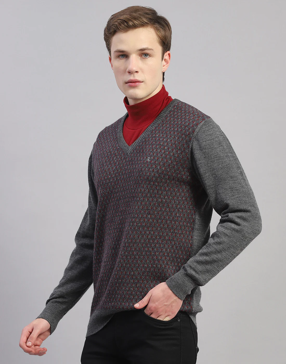 Men Grey Self Design V Neck Full Sleeve Pullover - Image 3