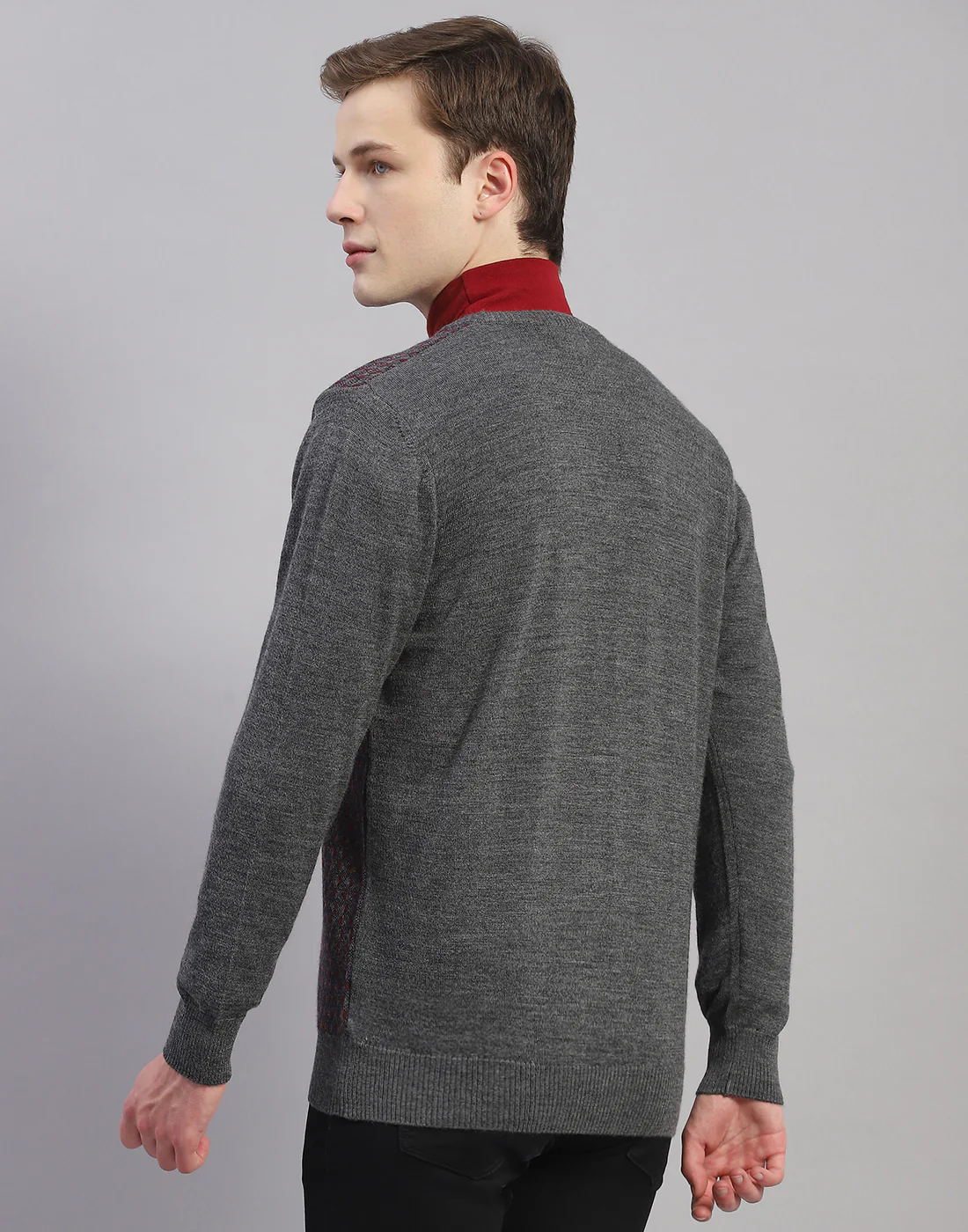 Men Grey Self Design V Neck Full Sleeve Pullover - Image 5