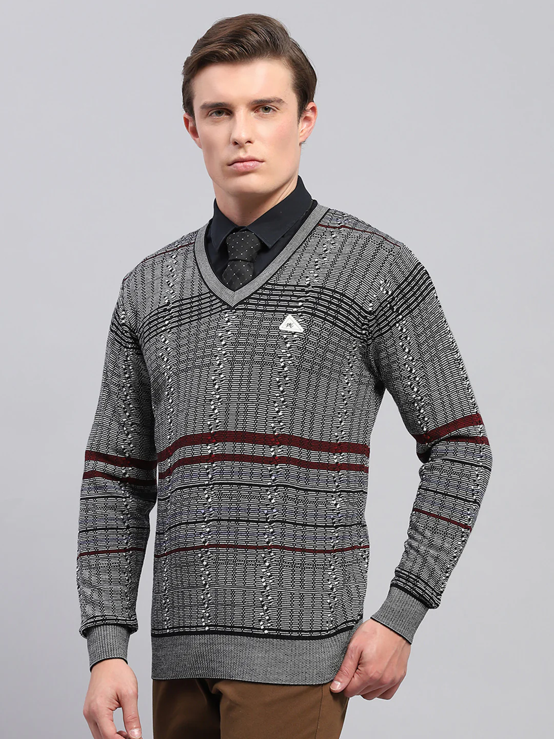Men Grey Self Design V Neck Full Sleeve Pullover - Image 3