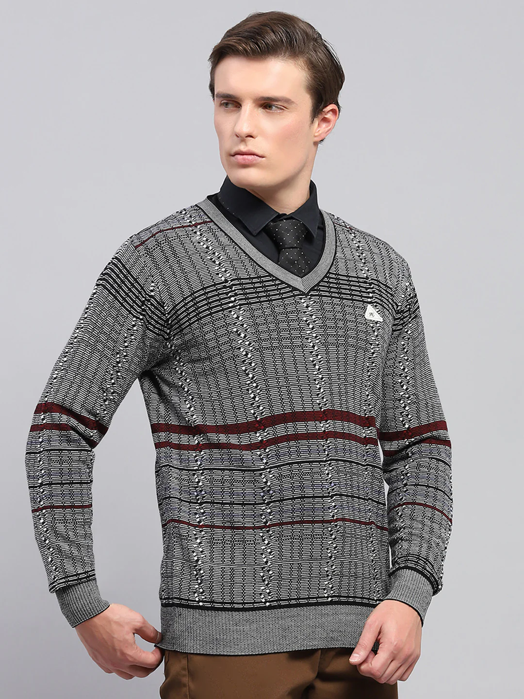Men Grey Self Design V Neck Full Sleeve Pullover - Image 4