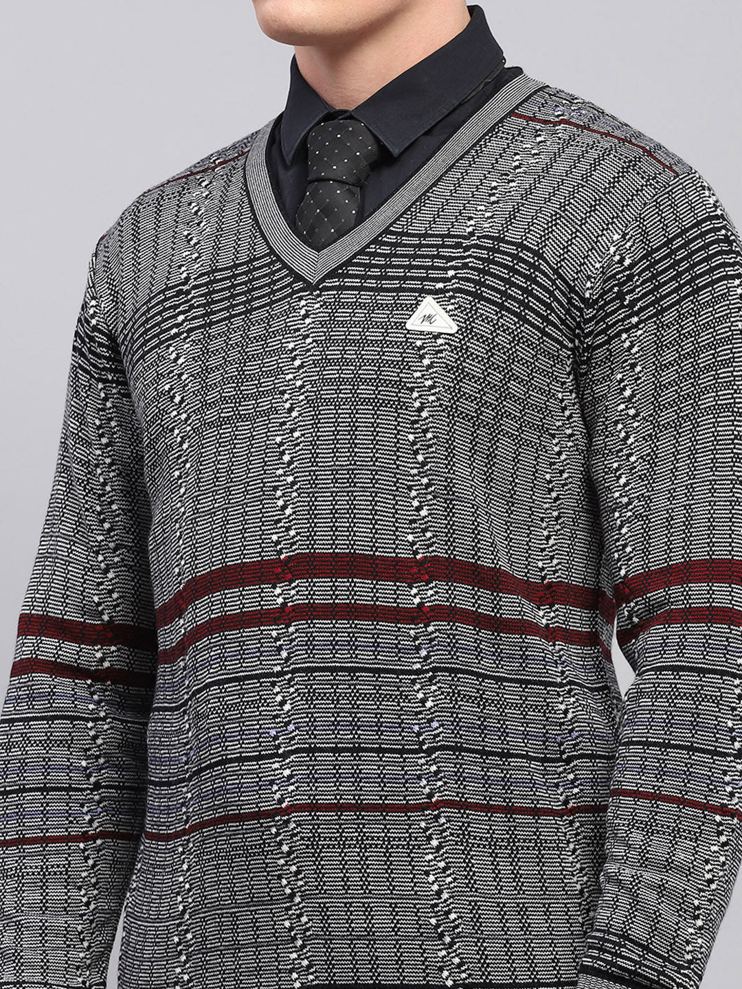 Men Grey Self Design V Neck Full Sleeve Pullover - Image 6