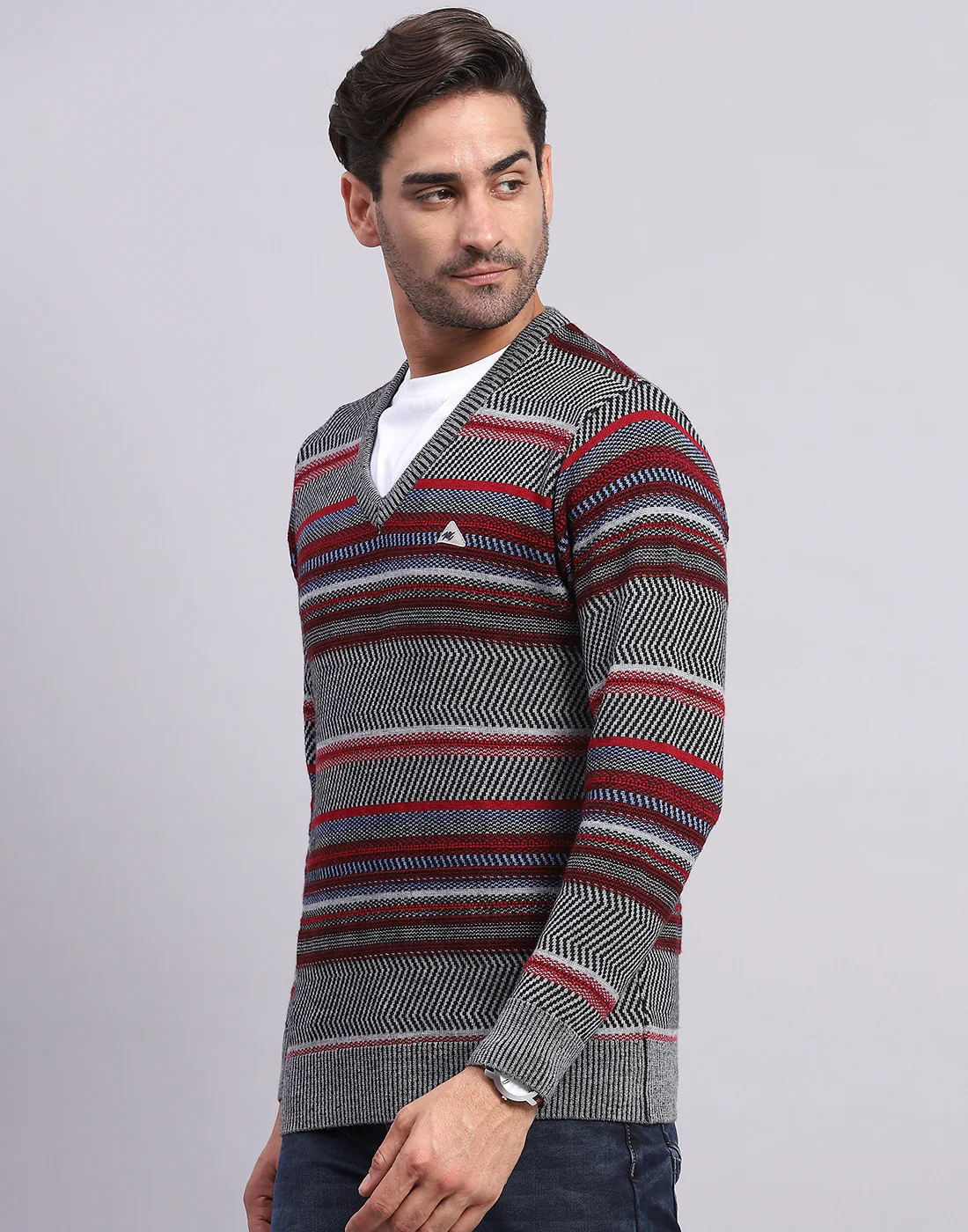 Men Grey Self Design V Neck Full Sleeve Pullover - Image 3