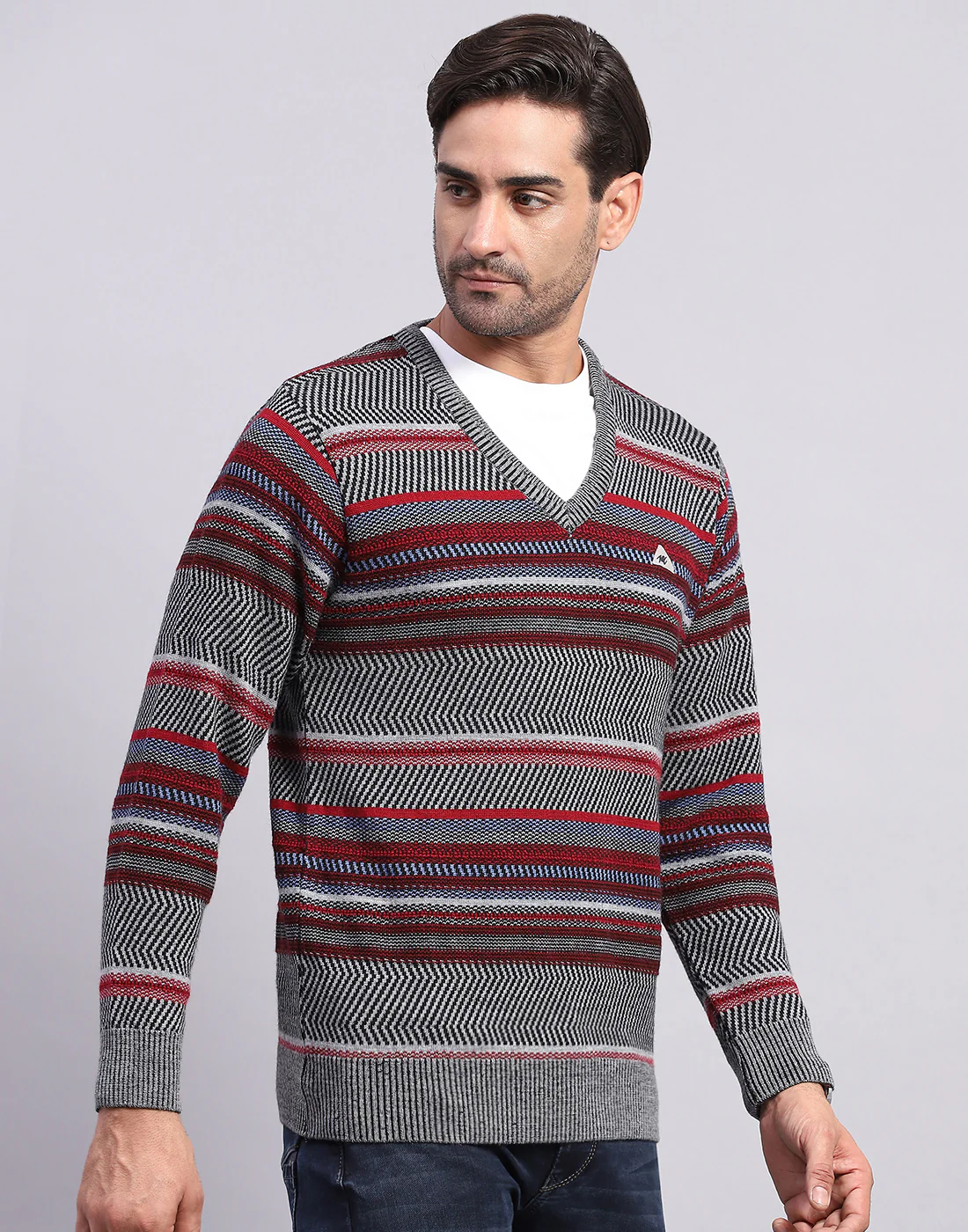 Men Grey Self Design V Neck Full Sleeve Pullover - Image 4
