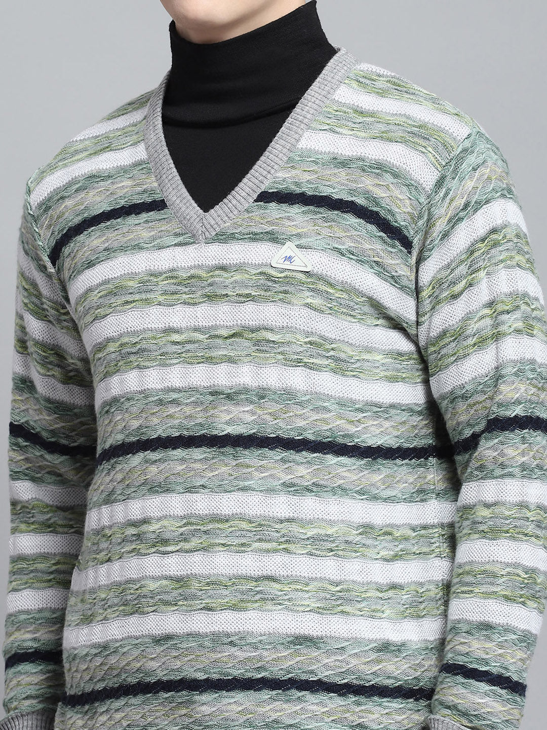 Men Grey Self Design V Neck Full Sleeve Pullover - Image 7