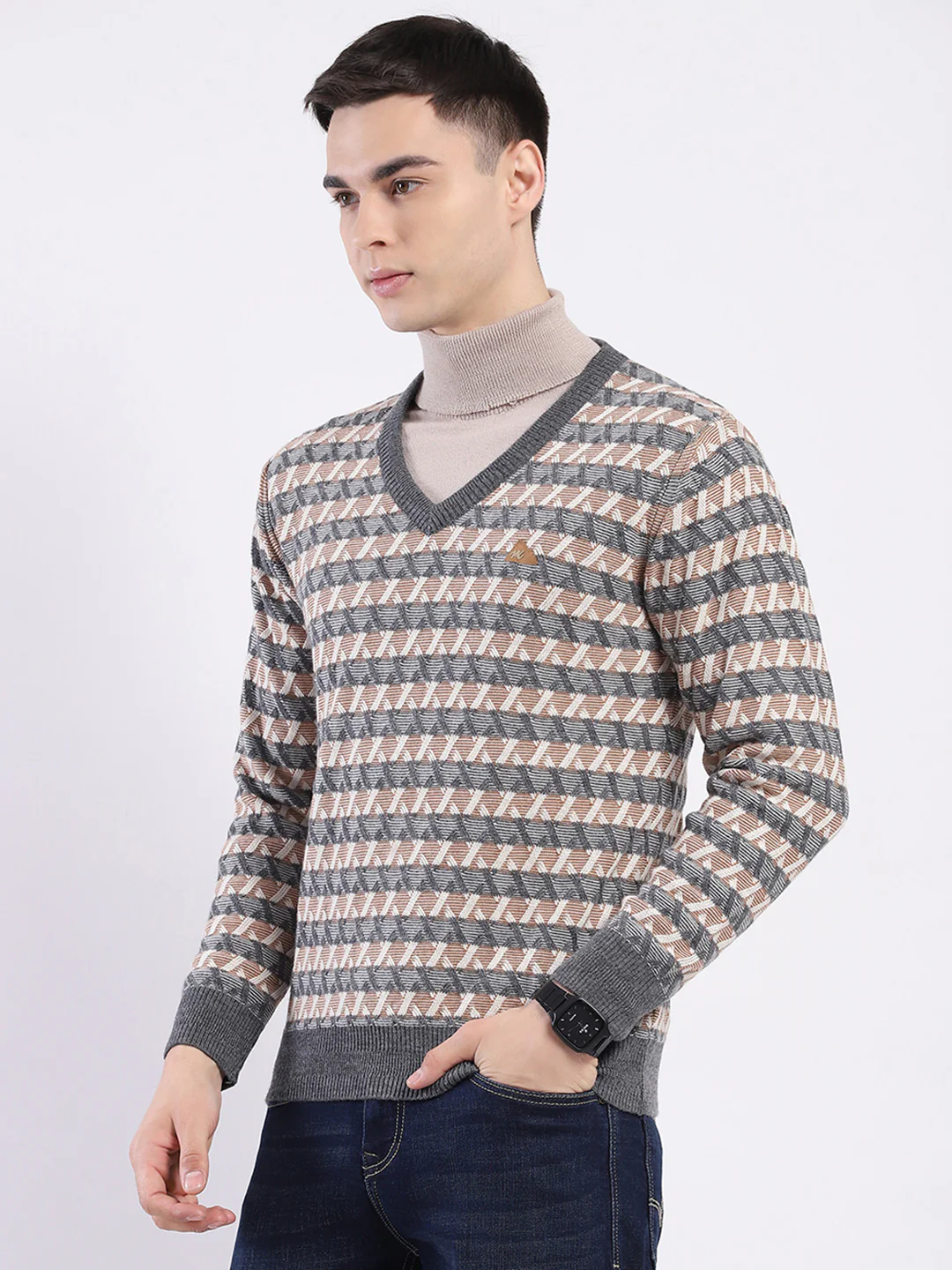 Men Grey Self Design V Neck Full Sleeve Pullover - Image 3