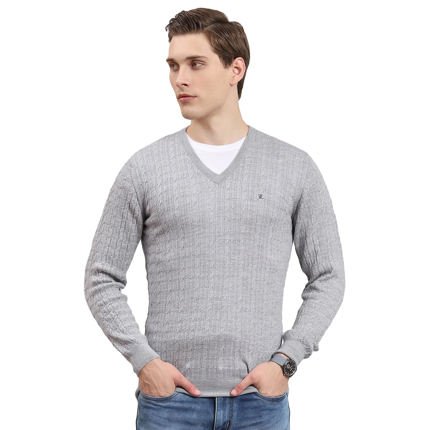 Men Grey Self Design V Neck Full Sleeve Sweater - Image 5