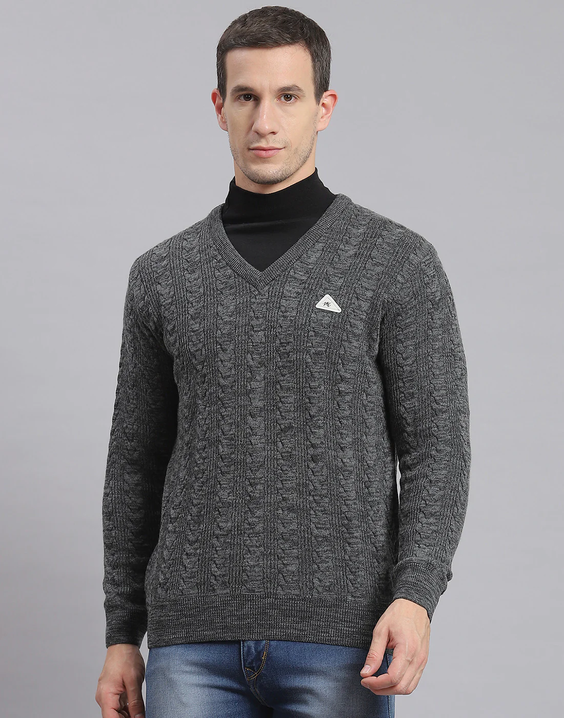 Men Grey Self Design V Neck Full Sleeve Sweater - Image 2