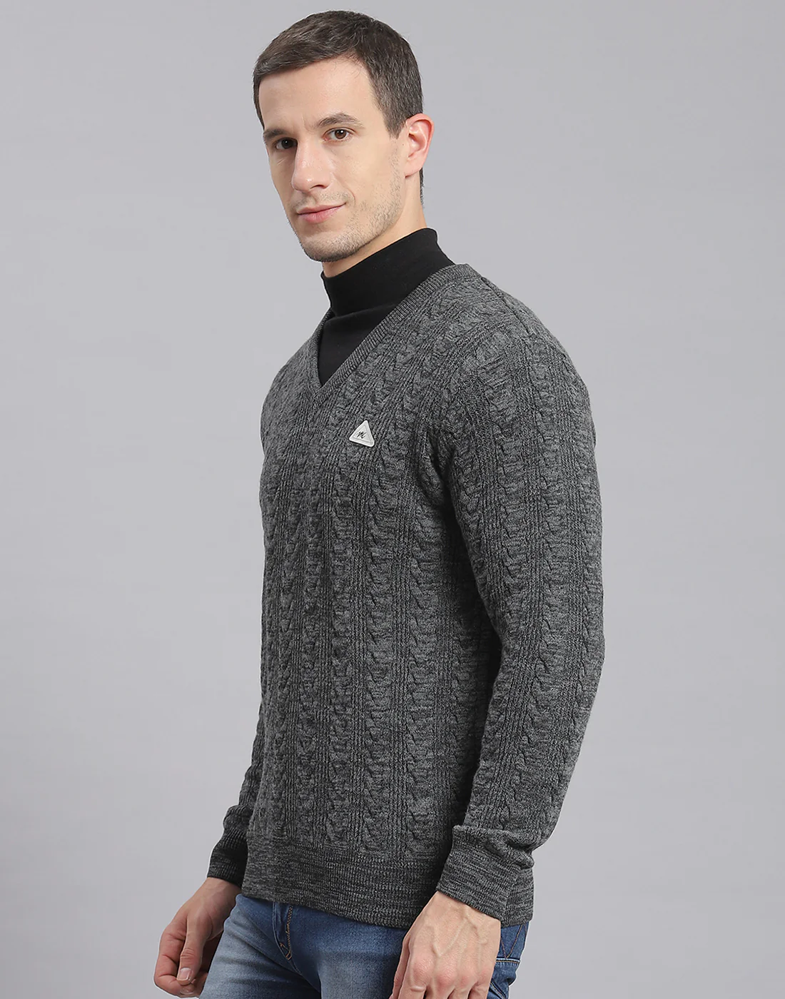 Men Grey Self Design V Neck Full Sleeve Sweater - Image 3