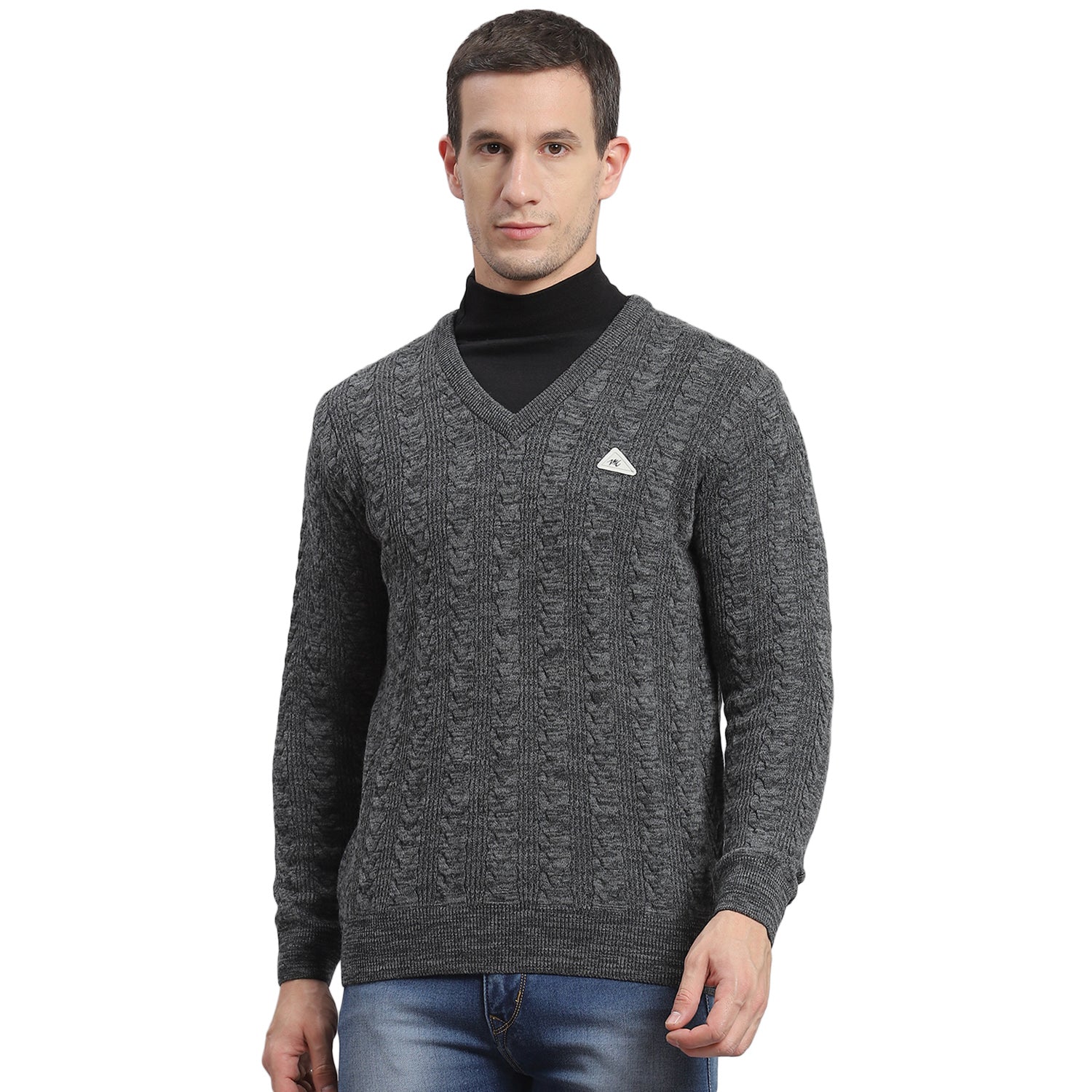 Men Grey Self Design V Neck Full Sleeve Sweater - Image 5