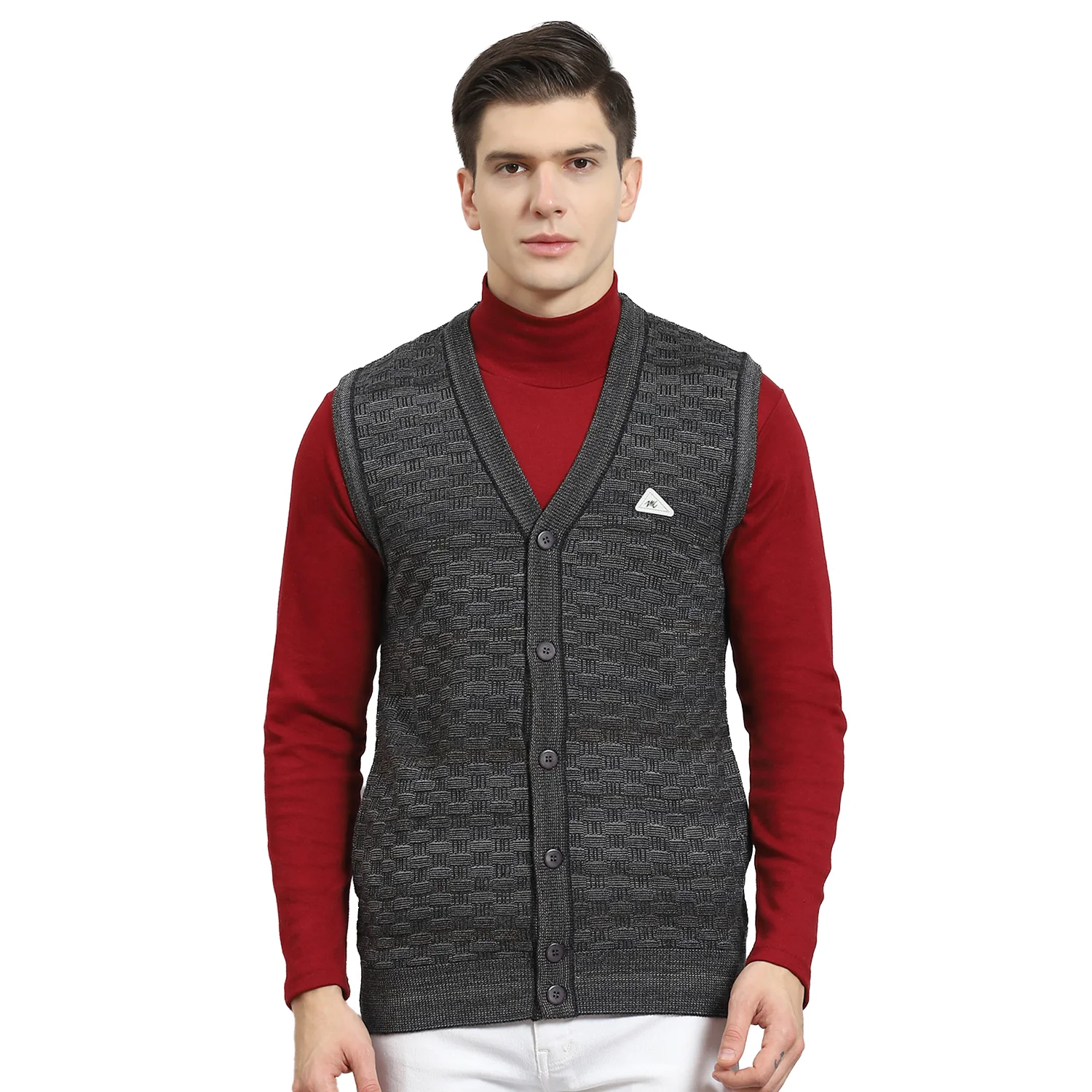 Men Grey Self Design V Neck Sleeveless Sweater - Image 5
