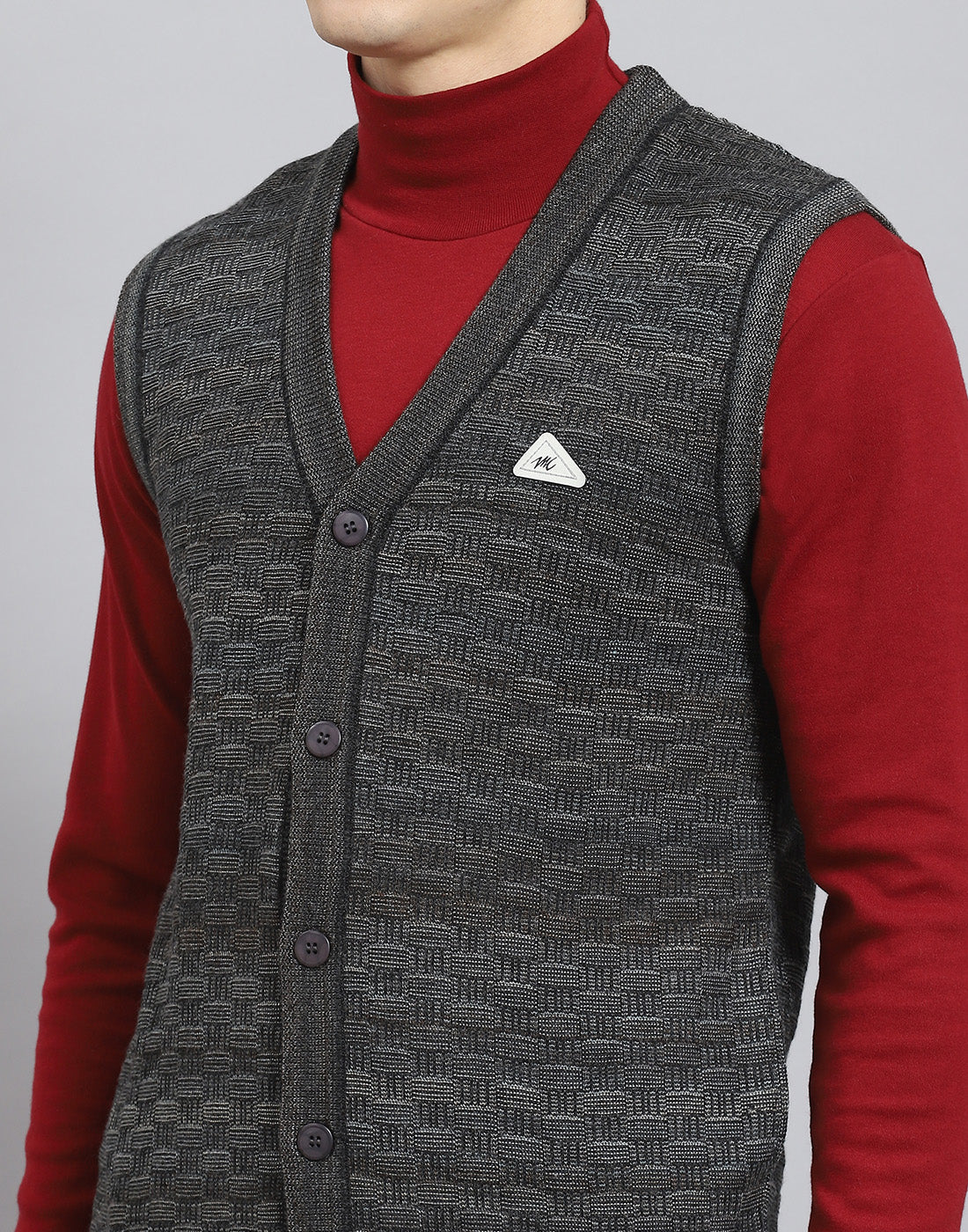 Men Grey Self Design V Neck Sleeveless Sweater - Image 8