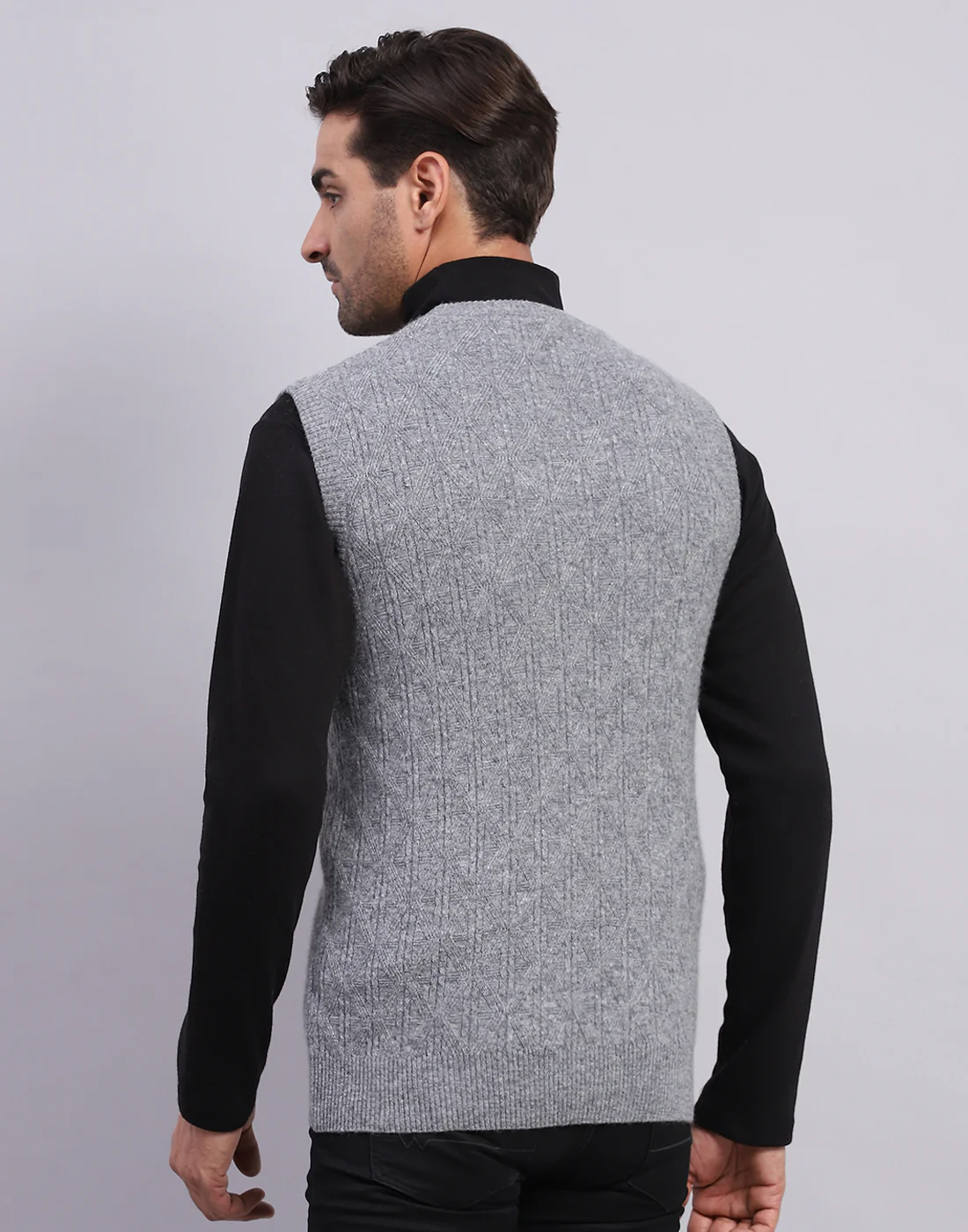 Men Grey Self Design V Neck Sleeveless Sweater - Image 5