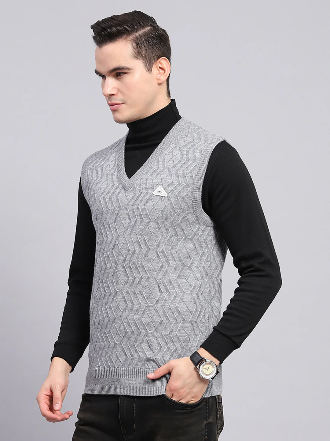 Men Grey Self Design V Neck Sleeveless Sweater - Image 3