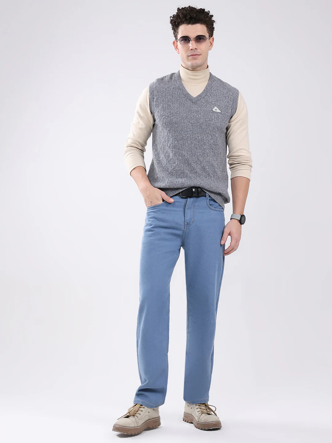 Men Grey Self Design V Neck Sleeveless Sweater - Image 2